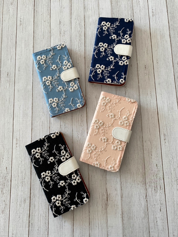 新色追加♡手帳型　アンティーク小花刺繍レース iPhoneケース