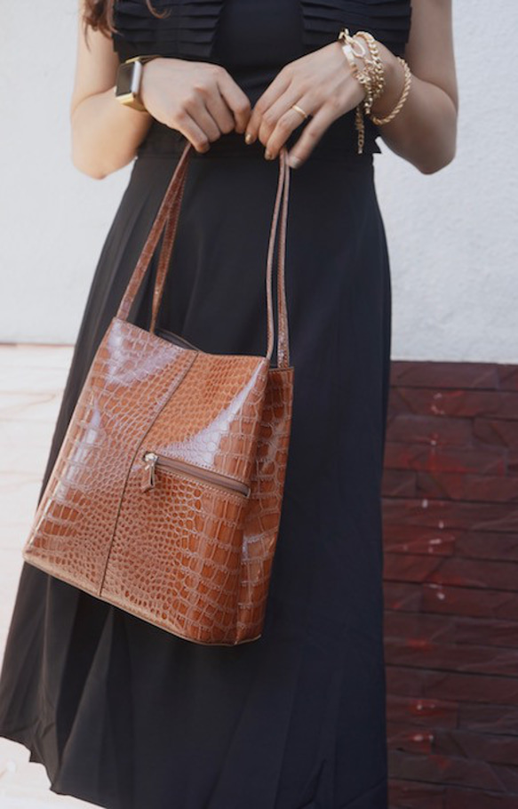 Crocodile Leather Touch Tote-Bag camel brown トートバッグ ブラウン 上品