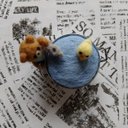 くまさんとアヒルちゃんの水浴びピンクッション　羊毛フェルト　ハンドメイド