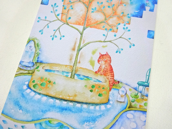 ✻ 敷石のある村　水を汲みに / ポストカード / no.105 ｜猫　絵　アート 水彩画 art postcard