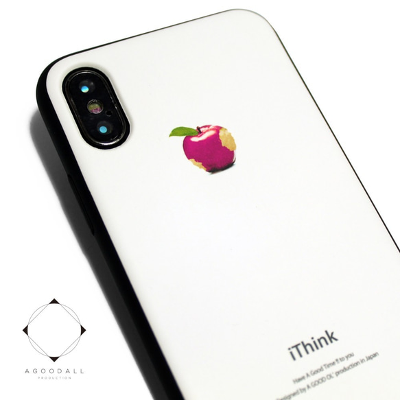 iphoneXSMAXケース / iphoneXSMAXカバー レザーケースカバー（オフホワイト）ピンクリンゴ　シンプル