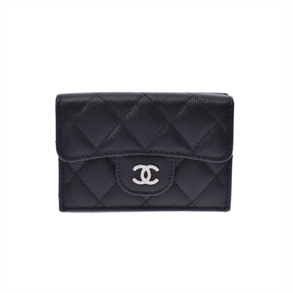 CHANEL シャネル マトラッセ クラシック スモール フラップウォレット 黒 シルバー金具 レディース キャビアスキン 三つ折り財布 Aランク 中古 