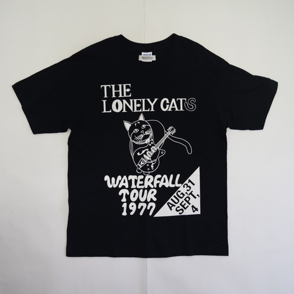 猫ツアーT「猫バンド」（レコードワッペン）　ブラック　Sサイズ　夏　WATERFALLオリジナル　生産数量限定品