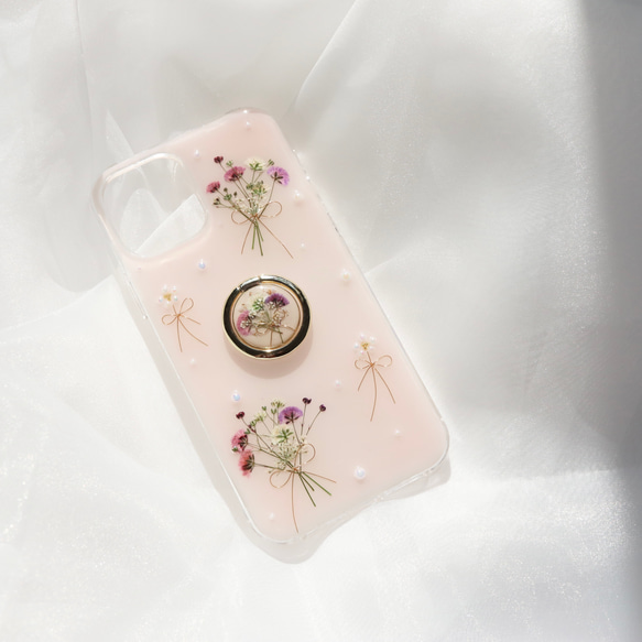 pinkchiffon かすみ草とpearlflower スマホリング付き 押し花スマホケース 全機種 Android