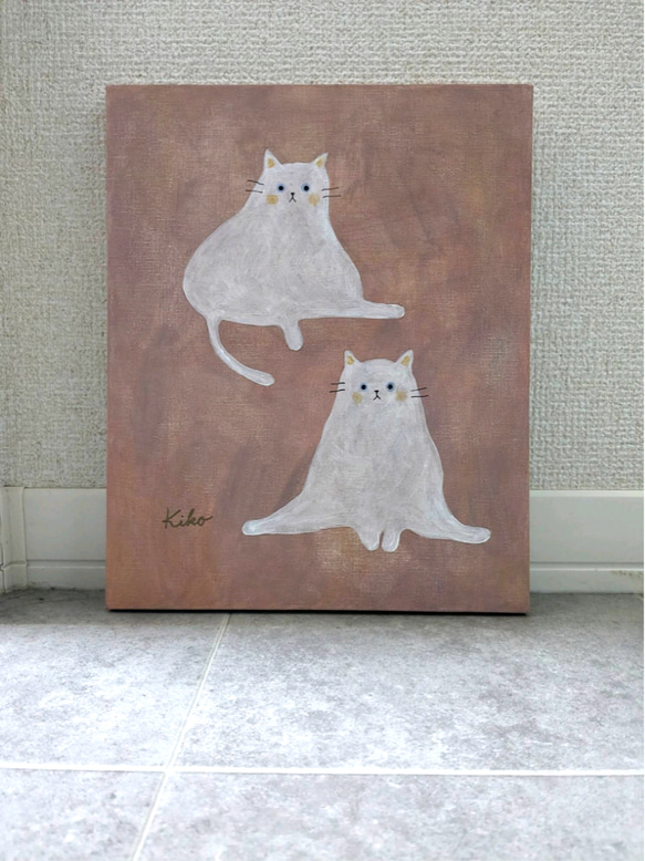 キャンバスアート　原画　「２匹の白い猫」