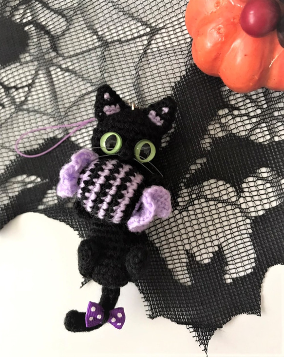 ハロウィン黒猫キャンディ☆ストラップ♪あみぐるみ☆受注製作品