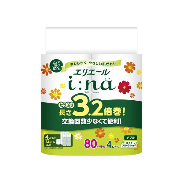 大王製紙 エリエール イーナ トイレットティシュー 3.2倍巻 ダブル 4ロール FC790NV-142776