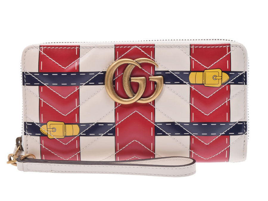 グッチ GGマーモント ラウンドファスナー長財布 白/赤/紺 レディース レザー 未使用 美品 GUCCI 中古 