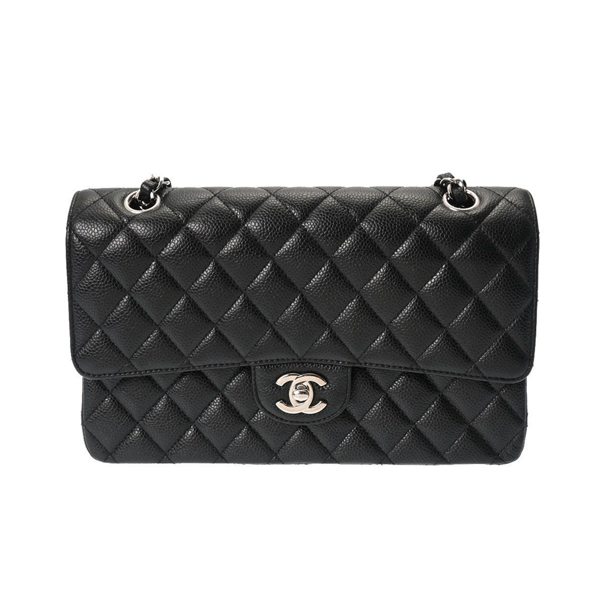 CHANEL シャネル マトラッセ Wフラップ チェーンショルダー 25cm 黒 シルバー金具 A01112 レディース キャビアスキン ショルダーバッグ Aランク 中古 