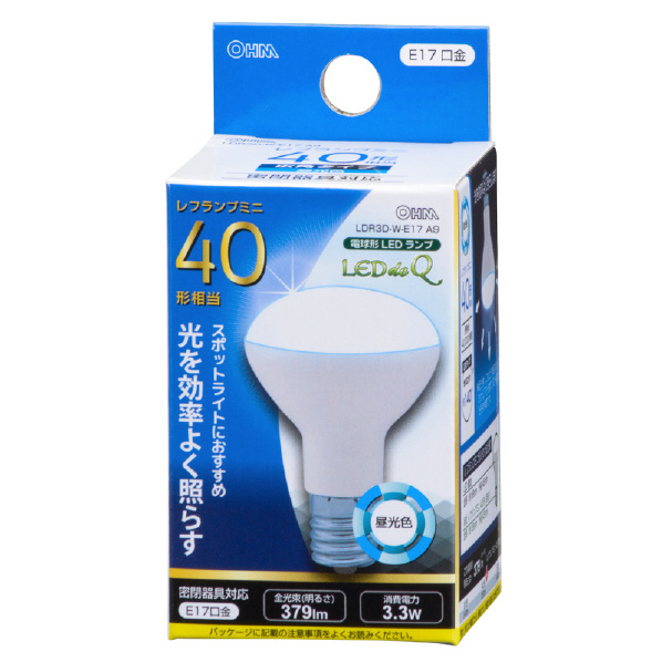 オーム電機 LED電球 E17口金 全光束379lm(3．3Wミニレフランプ形) 昼光色相当 LDR3D-W-E17 A9