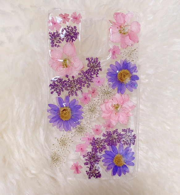 【全機種対応】ピンクとパープルの押し花スマホカバー♡iPhoneもAndroidもらくらくフォンも全て‥