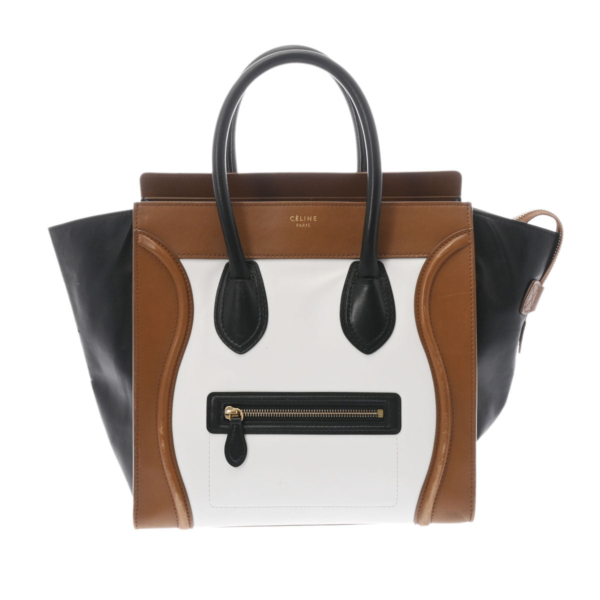 CELINE セリーヌ ラゲージ ミニショッパー  茶/白/黒 ゴールド金具 レディース レザー ハンドバッグ Bランク 中古 