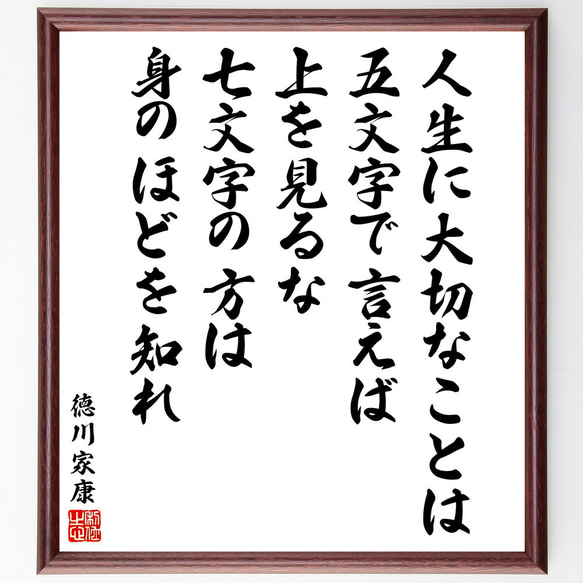 徳川家康の名言「人生に大切なことは、五文字で言えば上を見るな、七文字の方は身～」額付き書道色紙／受注後直筆（V2151）