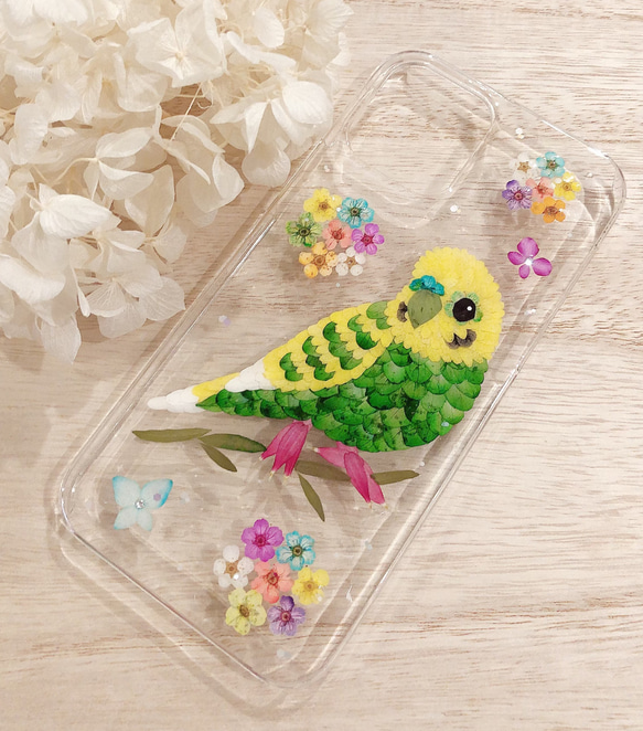 イエローセキセイインコの押し花iPhoneケース