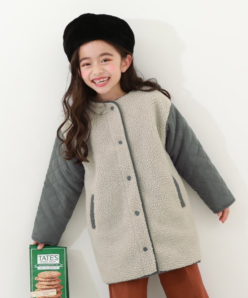 洗える キルティングボア ノーカラー リバーシブルロングコート 子供服 キッズ 女の子 アウター ジャケット ノーカラーコート  キルト