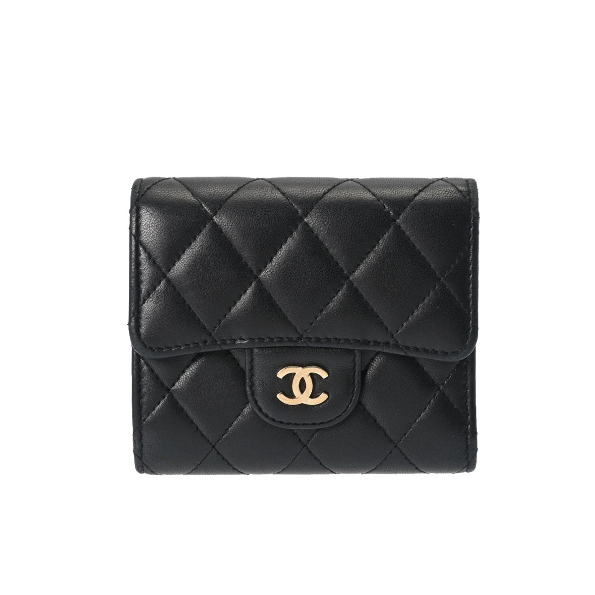 CHANEL シャネル マトラッセ クラシック コンパクト ウォレット 黒 ゴールド金具 レディース ラムスキン 三つ折り財布 Bランク 中古 