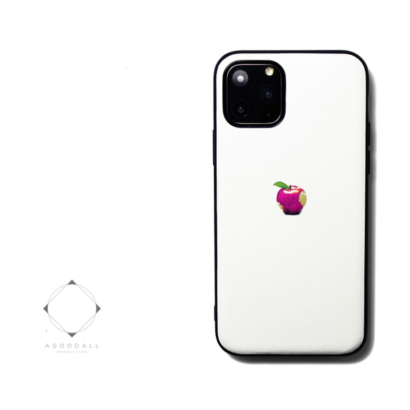 【iPhone15/14pro/13/13mini/12/11】レザーケースカバー（オフホワイト）ピンクリンゴ　シンプル