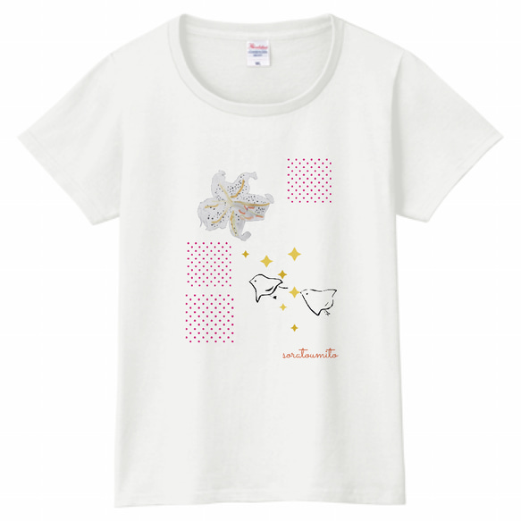 きらきらチドリTシャツ　WMサイズ　　受注製作　チドリ　白Tシャツ　手書き風