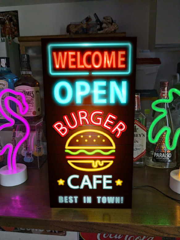 【Lサイズ】バーガーカフェ オープン ハンバーガー ネオン系 サイン ランプ 看板 置物 アメリカン雑貨 ライトBOX