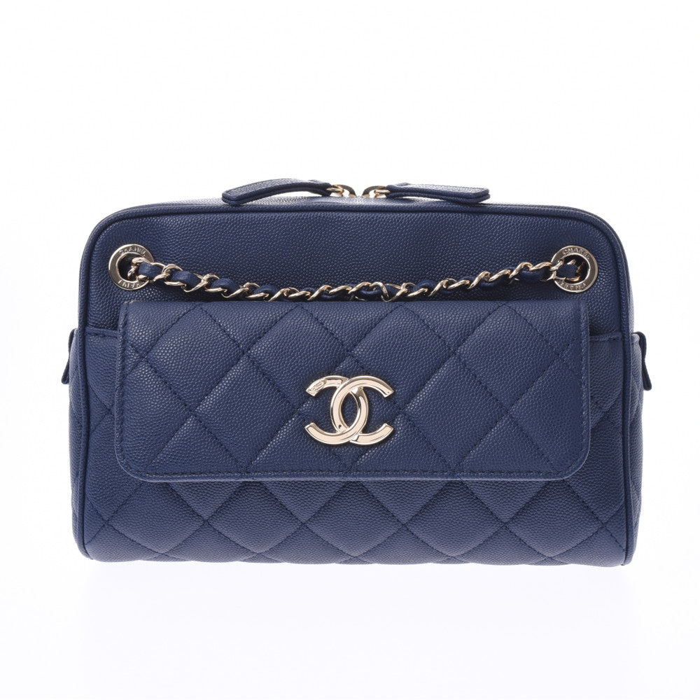 CHANEL シャネル マトラッセ スモールカメラケース 青 ゴールド金具 レディース キャビアスキン ショルダーバッグ Aランク 中古 