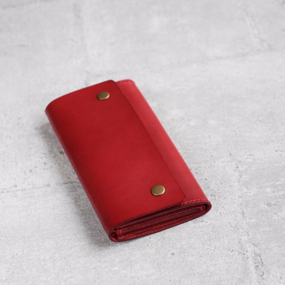 Red vegetable cow hide leather long wallet