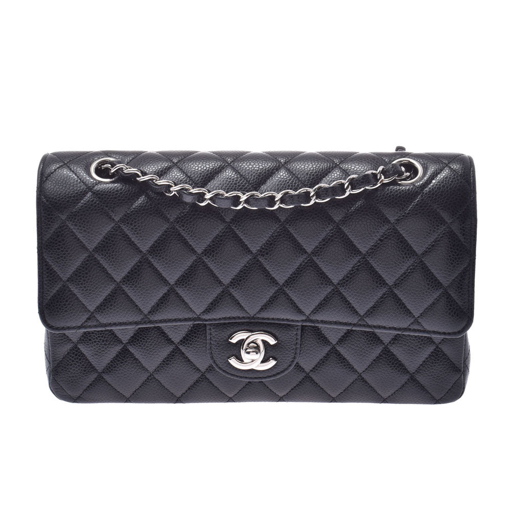 CHANEL シャネルチェーンショルダーバッグ ダブルフラップ  14143 黒 シルバー金具 レディース キャビアスキン ショルダーバッグ  中古