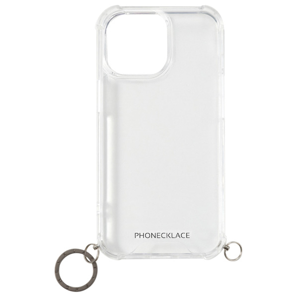 PHONECKLACE iPhone 14 Pro用ストラップ用リング付きクリアケース ガンブラックチャーム PN23879I14PBK