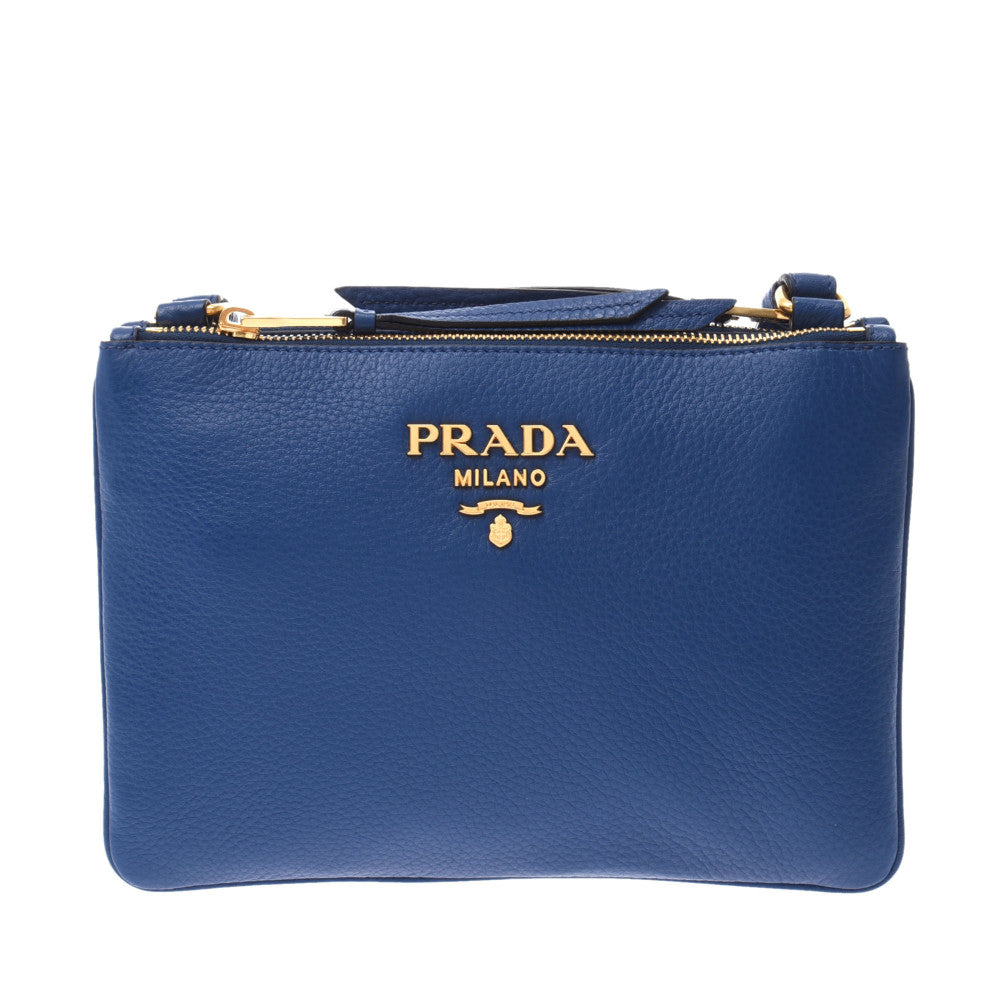 PRADA プラダ ダブルポケット 2WAY 青 ゴールド金具 1BH046 レディース レザー ショルダーバッグ 未使用 