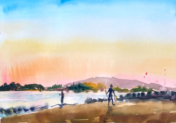 【水彩画】原画「 夕暮れの海岸 」F4：242×332 mm #夕暮れ #海岸 #風景