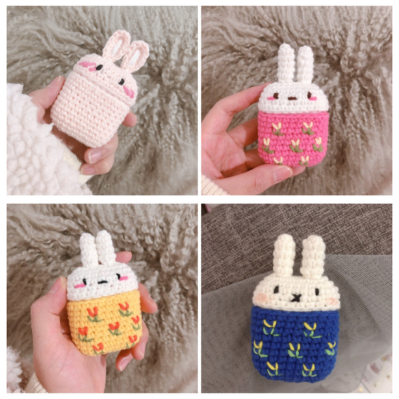 4色花柄のドレスを着たうさぎ☆AirPods 1/2/3/pro ケースcase☆桜ハンドメイド2023春色新作2023