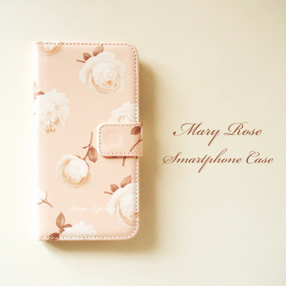 受注制作 手帳型iPhoneケース MaryRose ピンク アイボリーホワイト 花 ローズ バラ スマホケース