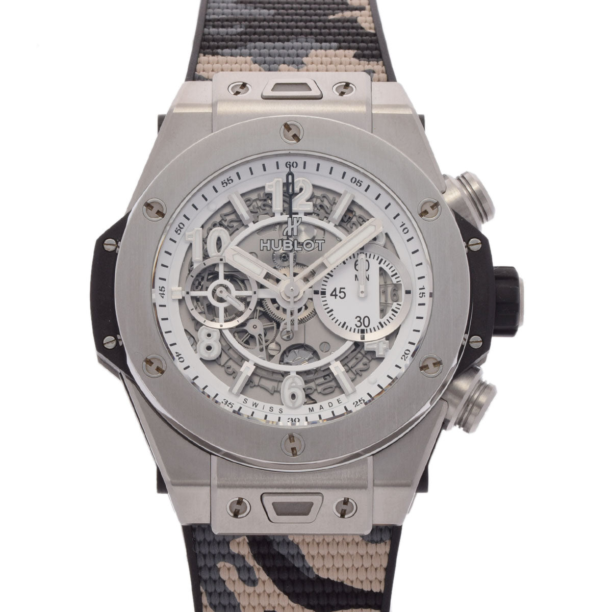 HUBLOT ウブロ ビッグバン ウニコ 日本限定 411.NE.2010.LR.JSM15 メンズ チタン/ラバー 腕時計 自動巻き マットホワイト ハーフスケルトン文字盤 Aランク 中古 