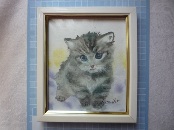 《額装　水彩画　手描き原画》猫