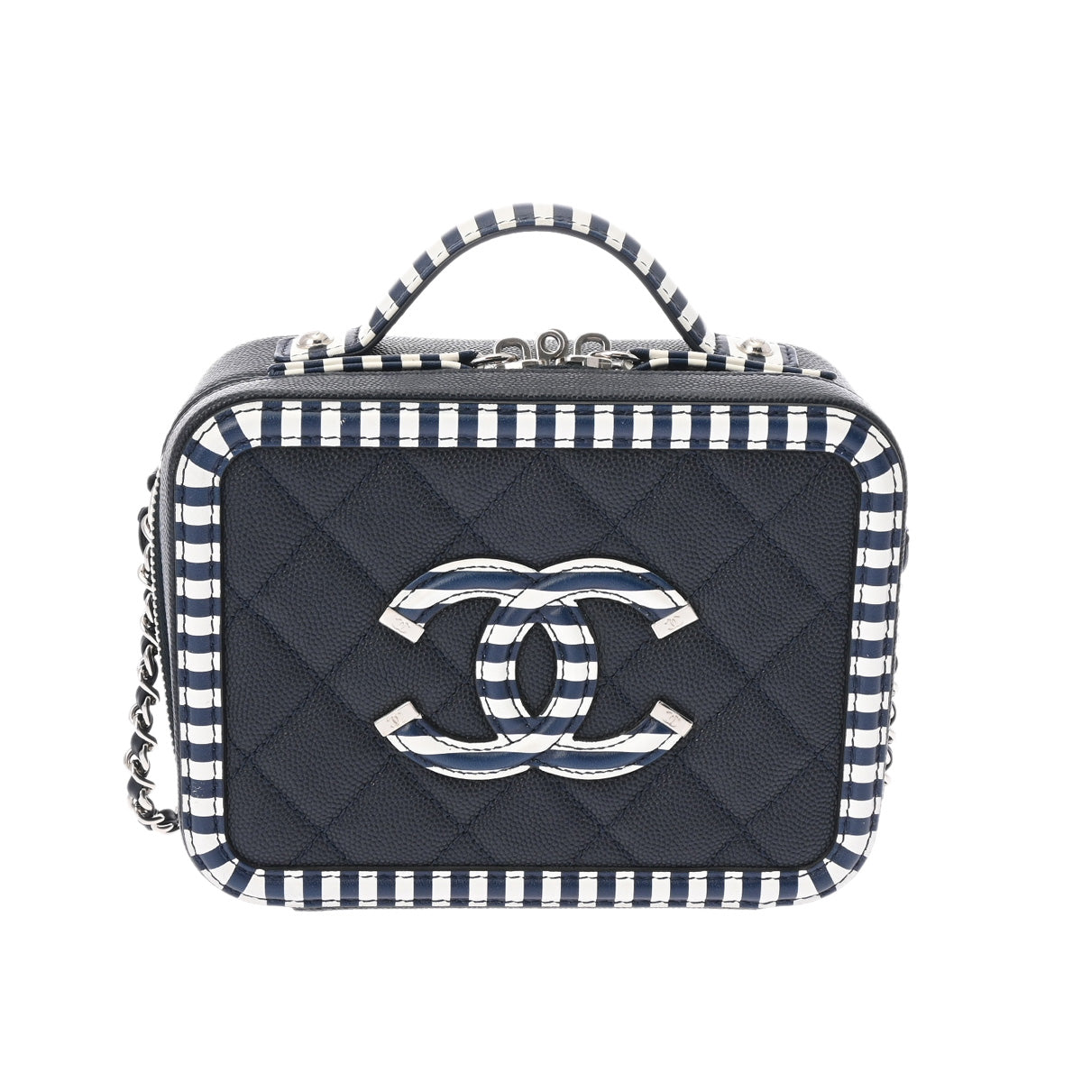 CHANEL シャネル CCフィリグリー スモールバニティ ネイビー/ホワイト シルバー金具 A93342 レディース キャビアスキン 2WAYバッグ Aランク 中古 