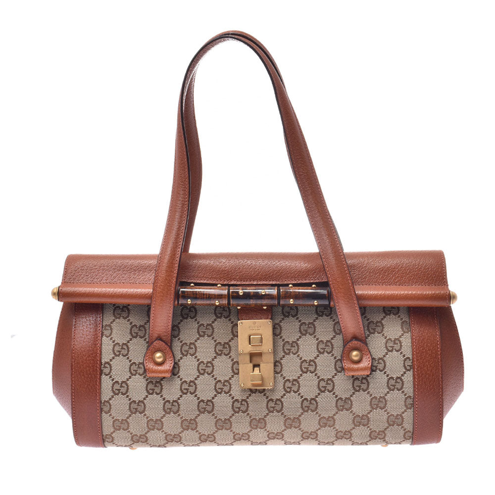 GUCCI グッチ  ベージュ系 ブラウン レディース GGキャンバス レザー バンブー ハンドバッグ 114993  中古