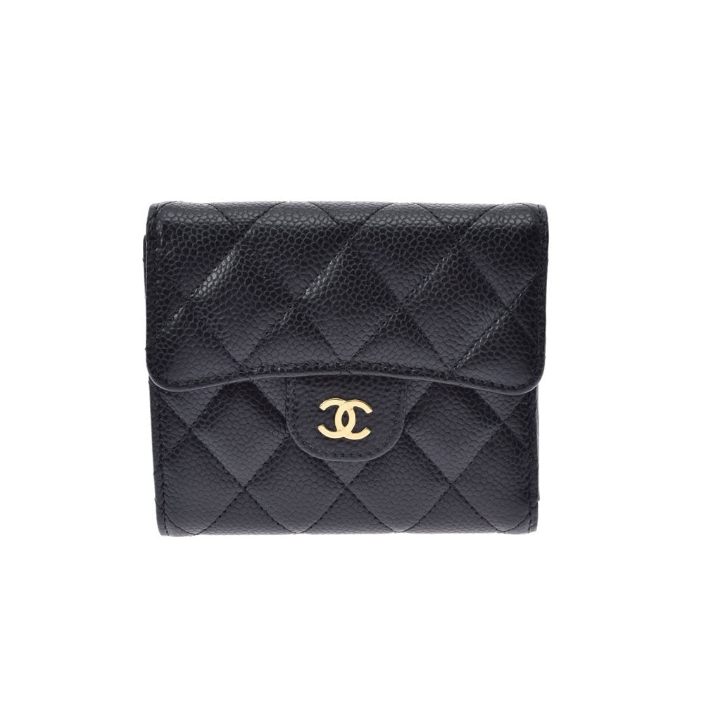 CHANEL シャネル マトラッセ クラシック スモール フラップウォレット 黒 ゴールド金具 レディース キャビアスキン 三つ折り財布 新同 中古 