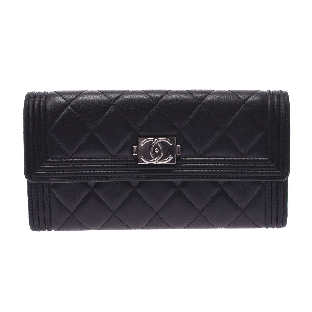 CHANEL シャネル ボーイシャネル クラシックウォレット 黒 シルバー金具 レディース ラムスキン 長財布 Bランク 中古 