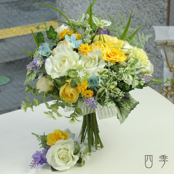 ブーケ 造花 クラッチブーケ レモンイエロー ナチュラル ウェディング 結婚式 海外挙式 【送料無料】B_0167