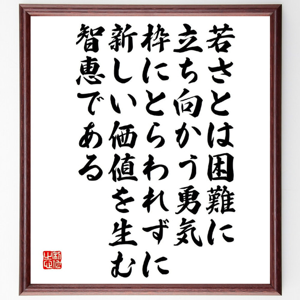 名言「若さとは困難に立ち向かう勇気、枠にとらわれずに新しい価値を生む智恵であ～」額付き書道色紙／受注後直筆（V2142）