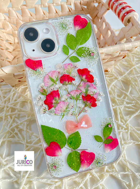 赤とピンクの薔薇とかすみ草の花束スマホケース　iphone/GALAXY/AQUOS/xperia/pixel