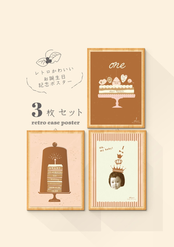 ■まとめて飾る3枚■お誕生日記念ポスター1,2,3歳[retro ease poster]