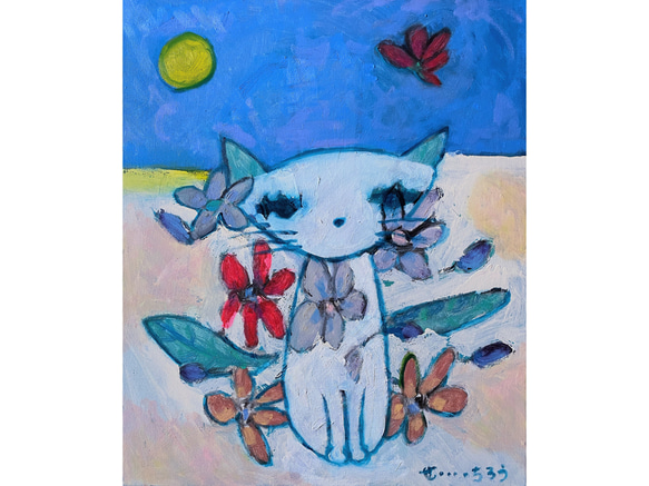 【ドレスアップ】F8 絵画 原画 油絵 油彩 キャンバス 猫の絵 動物の絵 猫 白猫 ネコ 絵本 春 花 花と猫 沖縄