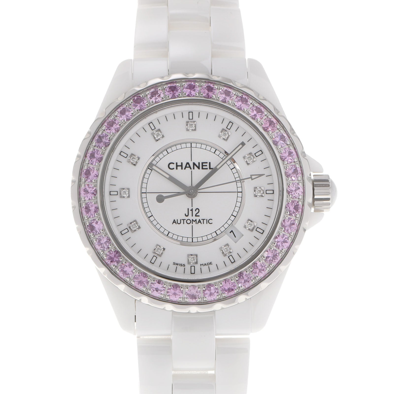 CHANEL シャネル J12 42mm  12Pダイヤ ピンクサファイアベゼル H2011 メンズ 白セラミック/SS 腕時計 自動巻き 白文字盤 Aランク 中古 