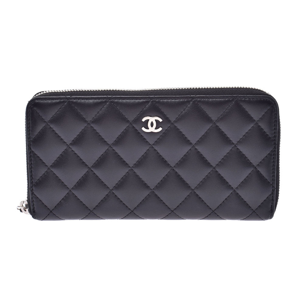 CHANEL シャネル マトラッセ ラウンドファスナー長財布 黒 シルバー金具 レディース ラムスキン 長財布 ABランク 中古 