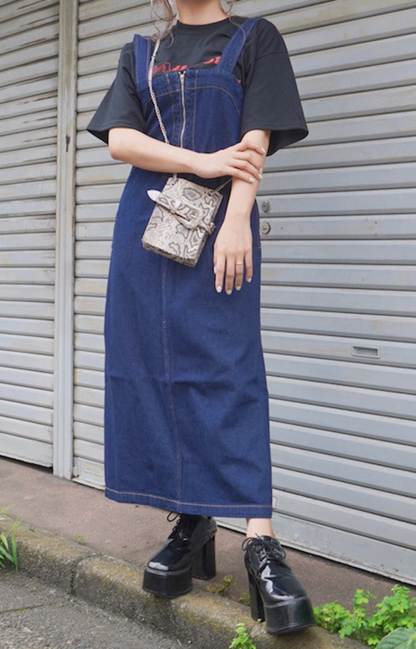 A-Line Denim Jumper Skirt (indigo) ロング丈ワンピース ブルー 青 カジュアル