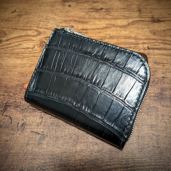 アリゲーター リアルブラック L字ファスナーウォレット～Alligator real black zipper wall