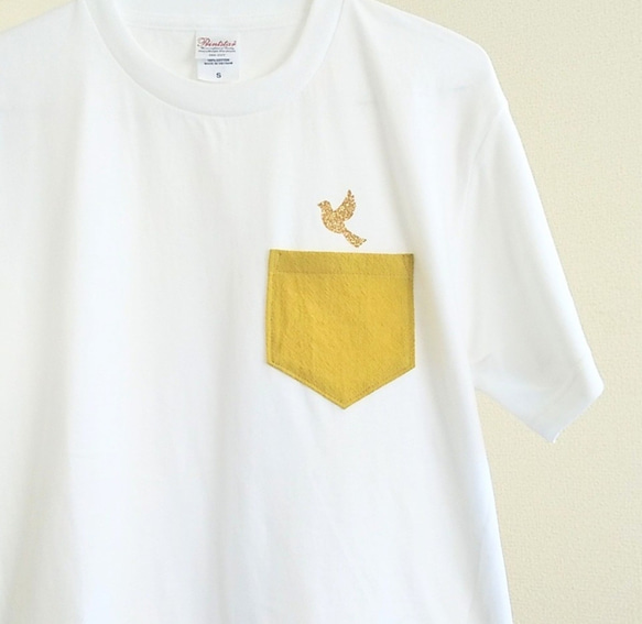 運気アップ！金の鳥が羽ばたく　イエローポケットTシャツ