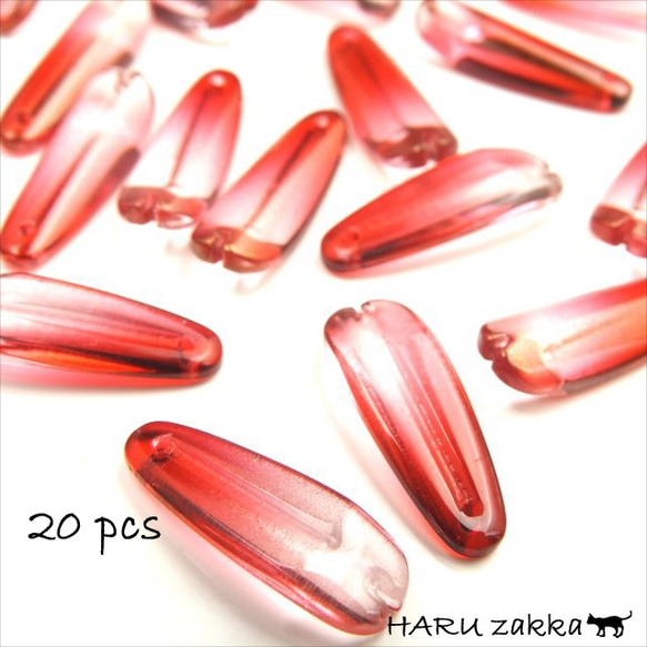 【20個】花びら ガラスビーズ トップホール★gレッドクリア★25×9mm★グラデーション(garasb-l25)