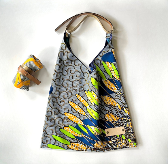 ［Epidote]African print × Real leather Folding bag  blue/stp