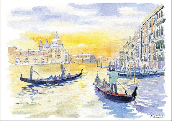 水彩画で描く風景『イタリア・ベネチュア』水彩画　A4　インテリア　絵画　季節　イラスト